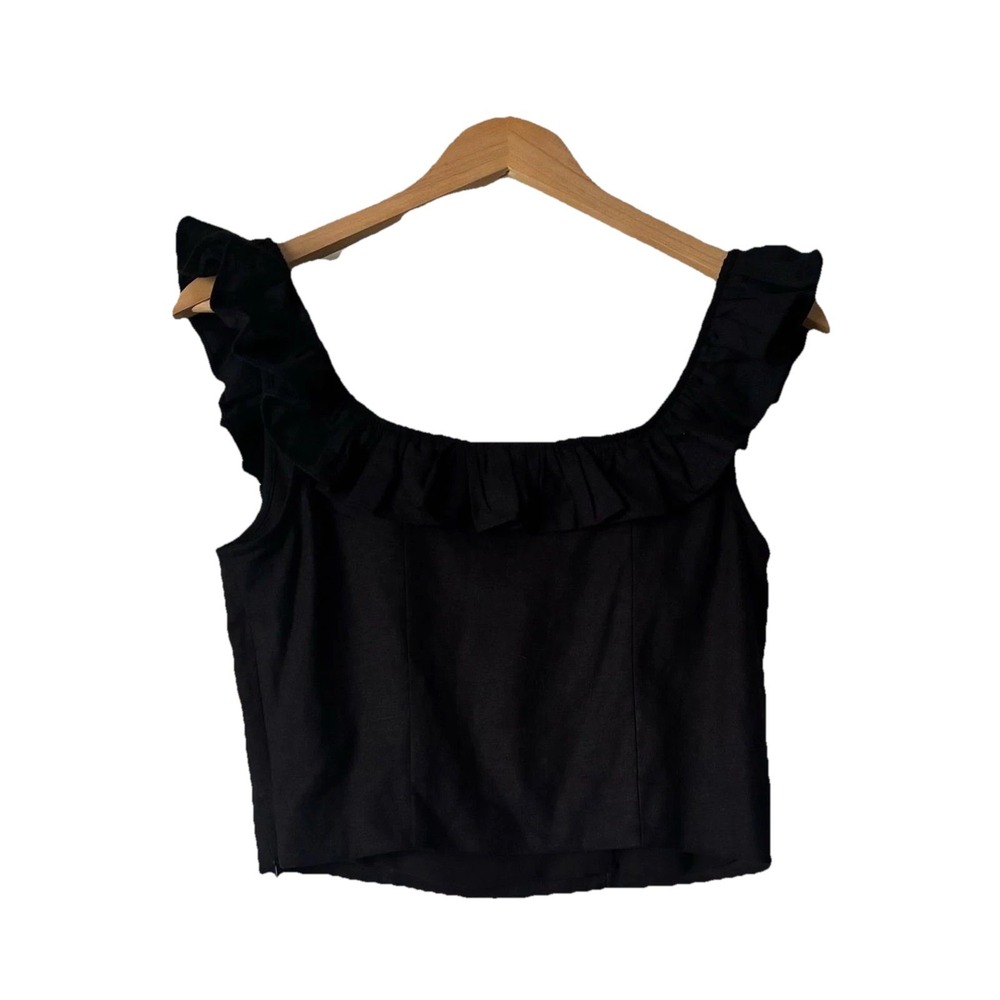 NWT Express Black Ruffled Square Neck Cropped Linen Women's Sz Small Summer